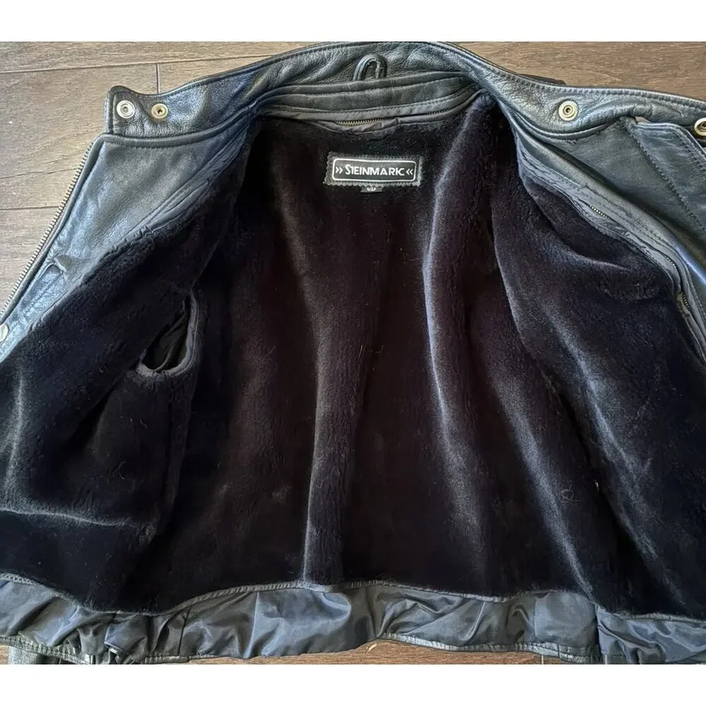 Vintage Womens Black Leather Moto Jacket Fur Lined Biker 12 Vtg Zip Liner - Picture 11 of 16